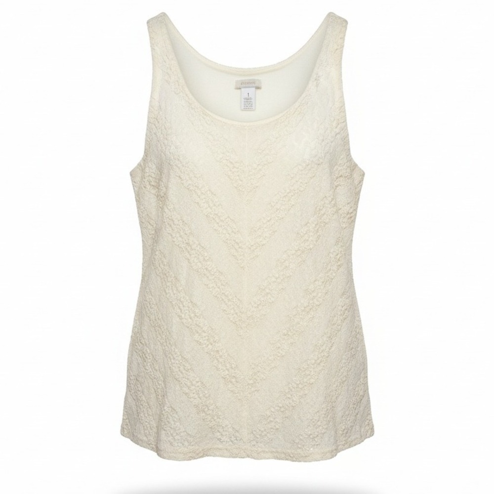 Chicos‎ Lace Sheer Chevron Tank Top Cream Ivory Shell Size 1 Medium Boho Casual